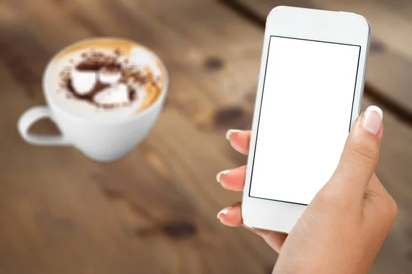 Vrouwelijke Hand Met Koffie Mobiele Telefoon — Stockfoto