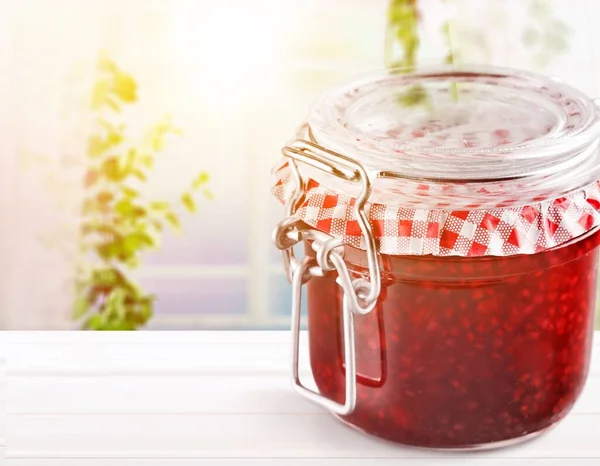 Jar Strawberry Jam Wooden Table — Stock Photo, Image
