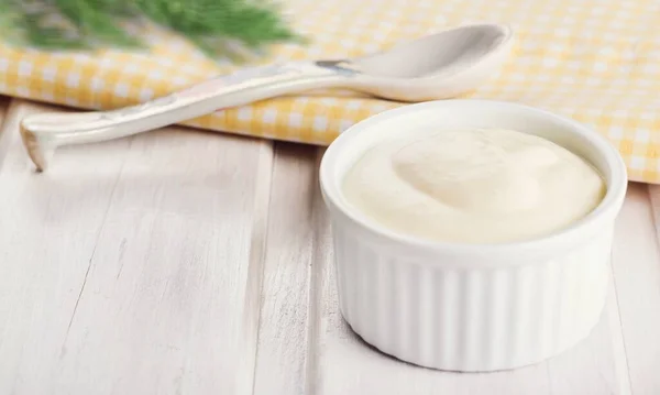 Vanilla Butter Cream White Bowl Wooden Background — Stock Photo, Image
