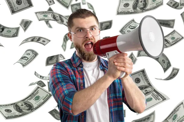 Молодой Человек Мегафоном Долларовыми Банкнотами — стоковое фото