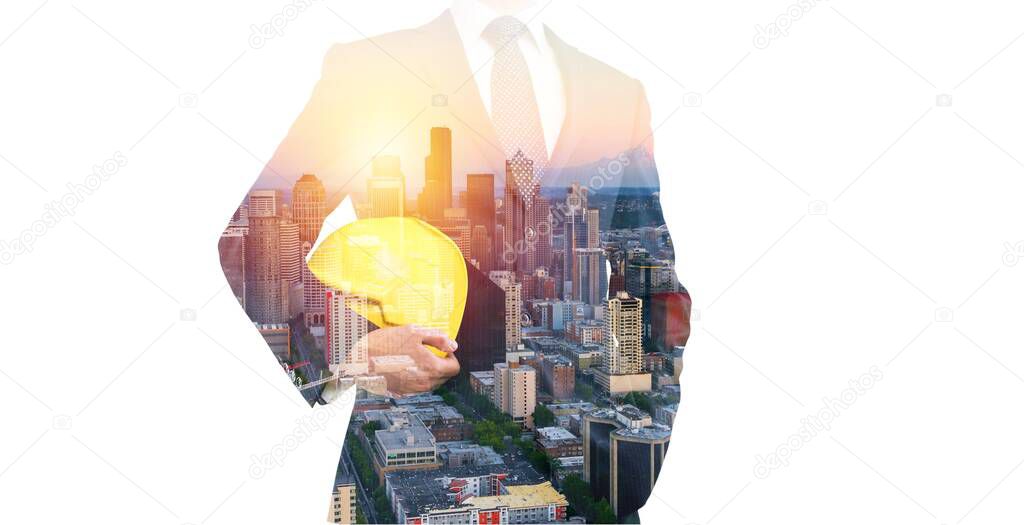 double exposure of businessman with cityscape and city view