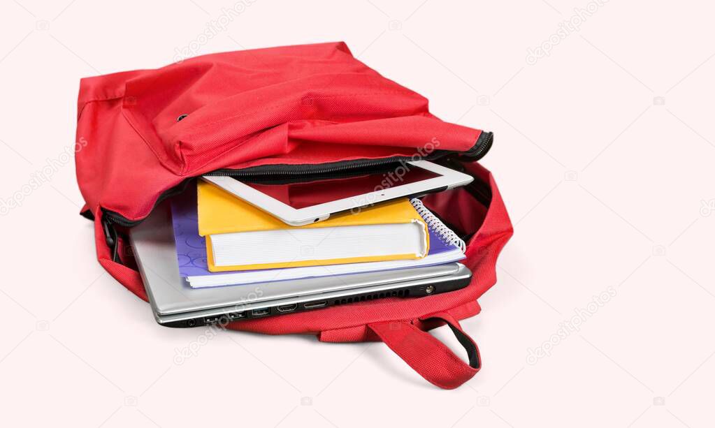 School Backpack with stationery, back to school background