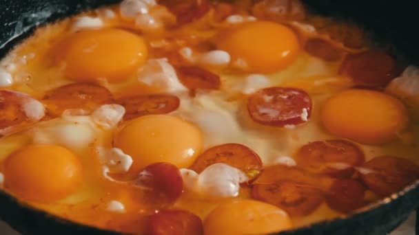 Fried Eggs with Vegetables Prepared on a Frying Pan — Stock Video