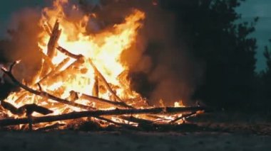 Ormanda geceleri dalları yanmak dan büyük kamp ateşi