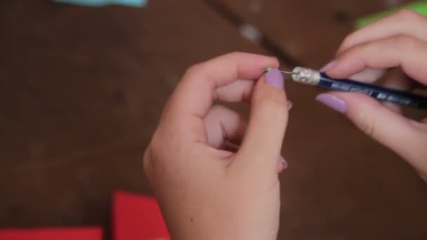Children Make Crafts Out of Paper at the Table, HandMade — Stock Video