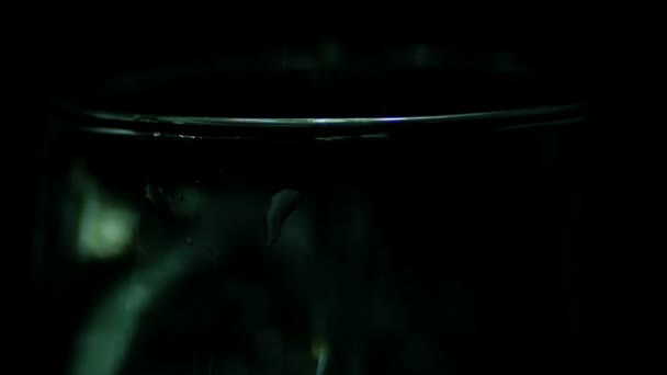 물 블랙 바탕에 투명 한 유리에 붓고 있습니다. 슬로우 모션 — 비디오