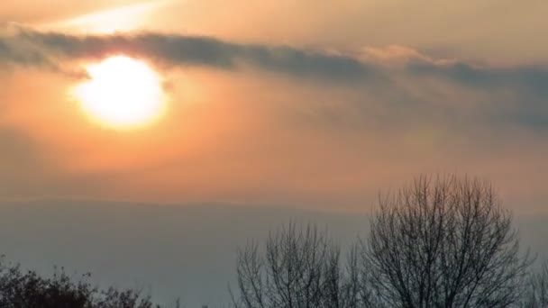 Puesta de sol sobre los árboles y las nubes. Tiempo de caducidad — Vídeo de stock