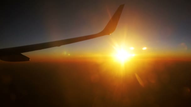 Avión de pasajeros en vuelo en un contexto de puesta de sol — Vídeos de Stock