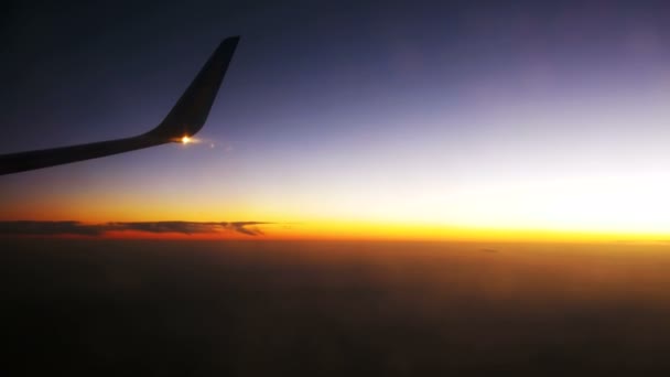 Wing-plan som flyger i skyn mot bakgrund av Sunset — Stockvideo