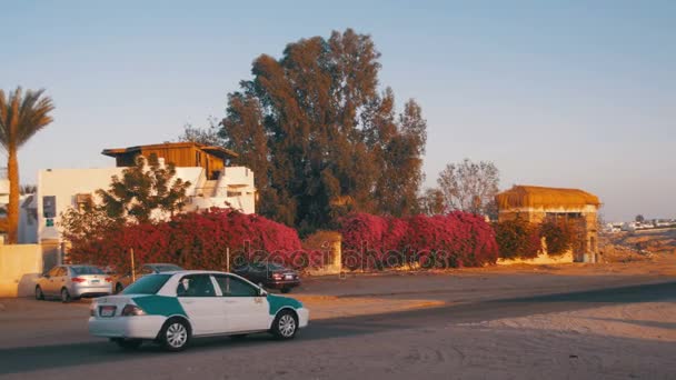 Auto gaat op de weg naar Egypte en de Arabisch-teken — Stockvideo