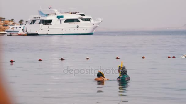 Mulher Muçulmana com Máscara e Snorkel e uma Criança no Mar Vermelho . — Vídeo de Stock