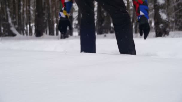 Человек ныряет головой в глубокий снег и веселится в зимнем лесу. Slow Motion — стоковое видео