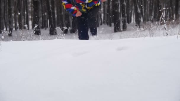 Man Jumps and Dives Head First into the Snow and Have Fun in the Winter Pine Forest (em inglês). Movimento lento — Vídeo de Stock