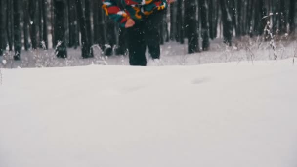 Člověk ponoří hlavu nejprve do hlubokého sněhu a pobavit v zimním lese. Zpomalený pohyb — Stock video