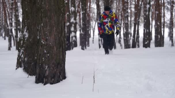 Mann läuft im winterlichen Kiefernwald. Zeitlupe — Stockvideo