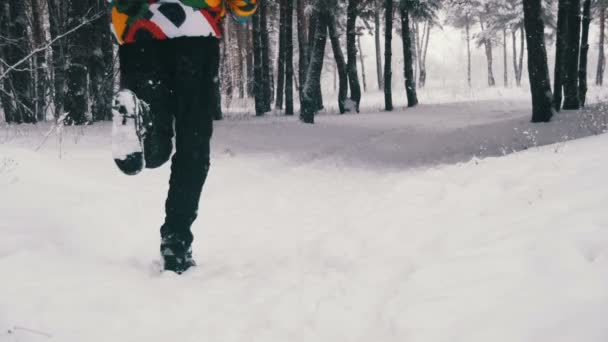 A correr na Floresta de Inverno. Movimento lento — Vídeo de Stock