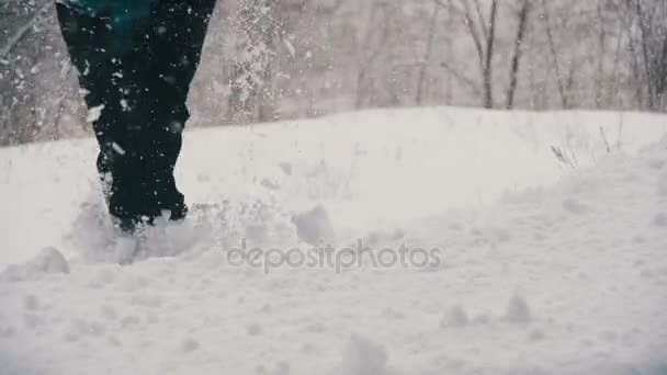 L'uomo si tuffa prima nella neve profonda e divertirsi nella foresta invernale. Rallentatore — Video Stock