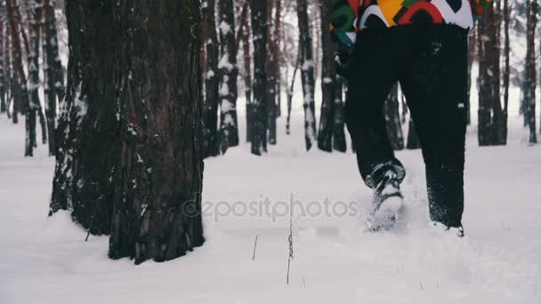 Hombre camina en el bosque de pinos de invierno. Moción lenta — Vídeos de Stock