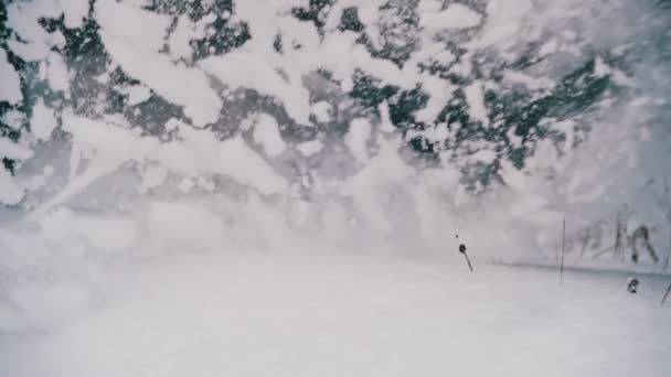 Человек, бегущий в глубоком снегу в зимнем лесу в день снега. Slow Motion — стоковое видео