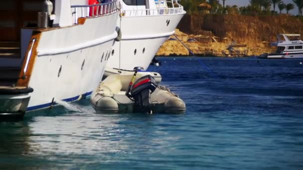 Barca gonfiabile legata a barche da diporto nel Mar Rosso vicino alla spiaggia. Rallentatore — Video Stock