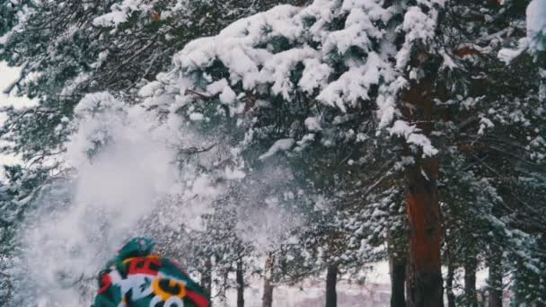 Muž pracuje a vyvolá sněhu se zasněženým v zimním lese. Zpomalený pohyb — Stock video