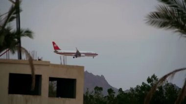 Dağlar ve palmiye ağaçları Mısır arka plan üzerinde açılış gökyüzünde yolcu uçağı. Ağır çekim