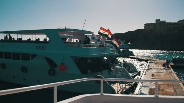 Navires d'excursion dans la mer Rouge avec les touristes à la jetée, Egypte — Video