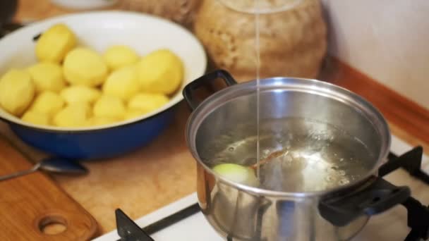 Cebolas voa em uma panela de água fervente na cozinha doméstica. Movimento lento . — Vídeo de Stock