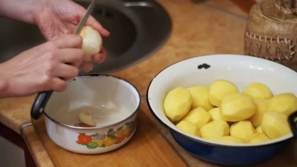 Limpieza de patatas en la cocina casera. Moción lenta — Vídeos de Stock