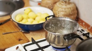 Soğan sinekler kaynar su ev mutfakta bir pota. Ağır çekim.