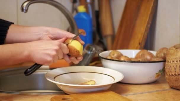 Очистка картофеля на домашней кухне — стоковое видео