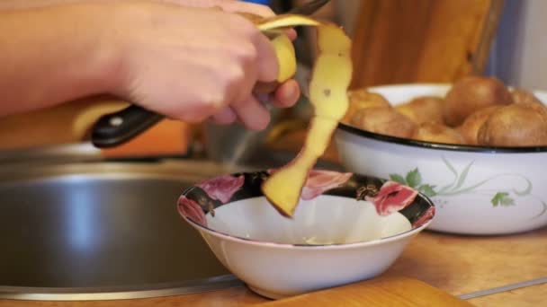 Az otthoni konyhában hámozás burgonya — Stock videók
