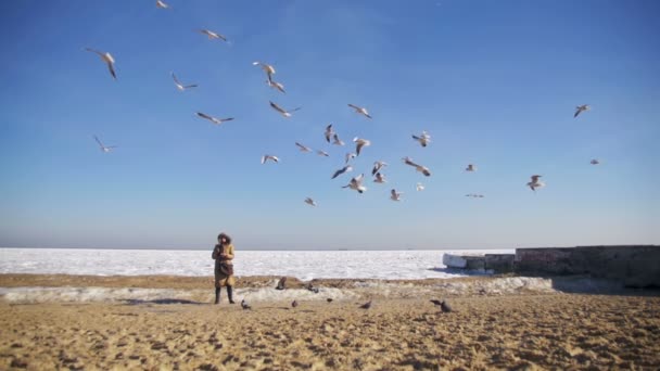 Mulher alimenta as gaivotas famintas voando sobre o mar coberto de gelo congelado. Movimento lento — Vídeo de Stock