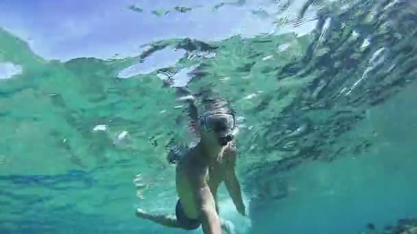 Hombre joven haciendo snorkel en colorido arrecife en el Mar Rojo, Egipto — Vídeo de stock