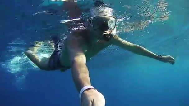 若い男がエジプトの紅海でカラフルなサンゴ礁のシュノーケ リング — ストック動画