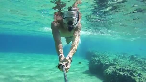 Hombre joven haciendo snorkel en colorido arrecife en el Mar Rojo, Egipto — Vídeos de Stock