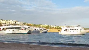Zevk tekneleri rıhtımda Mısır'daki sahilde geliyor. Zaman atlamalı