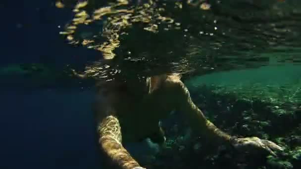 Giovane uomo che fa snorkeling sulla colorata barriera corallina nel Mar Rosso, Egitto — Video Stock