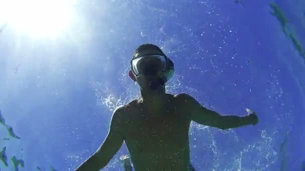 Hombre joven buceando y flotando a través del marco, vista submarina en el Mar Rojo, Egipto — Vídeos de Stock