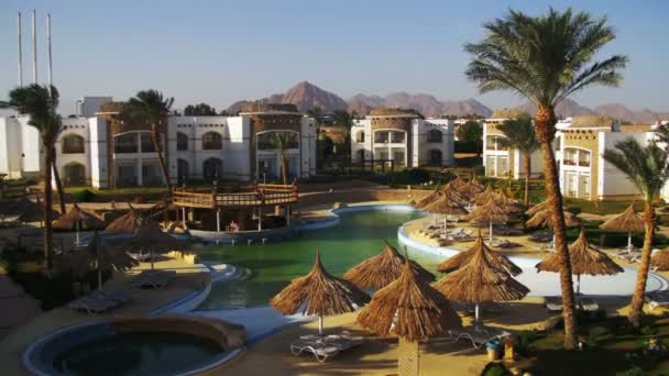 Sonniges Hotelresort mit blauem Pool, Palmen und Sonnenliegen in Ägypten — Stockvideo