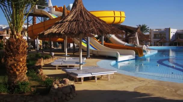 Sunny Hotel Resort com piscina azul, palmeiras e espreguiçadeiras no Egito — Vídeo de Stock