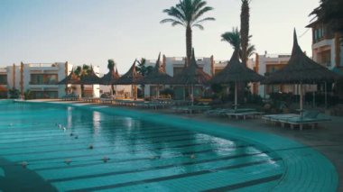Sunny Hotel Resort mavi Havuzu, palmiye ağaçları ve Mısır'daki şezlong