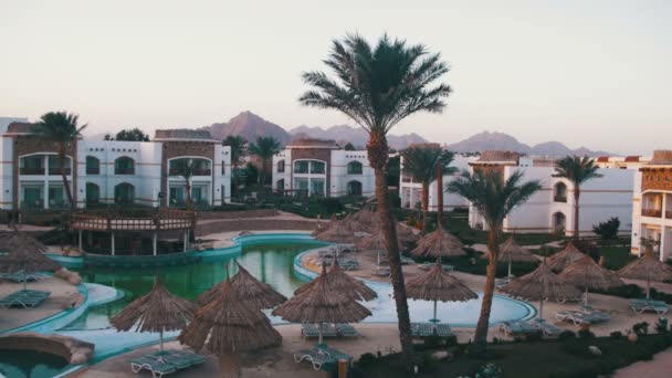 Ośrodek z basenem niebieski, palmami i leżakami w Egipcie — Wideo stockowe