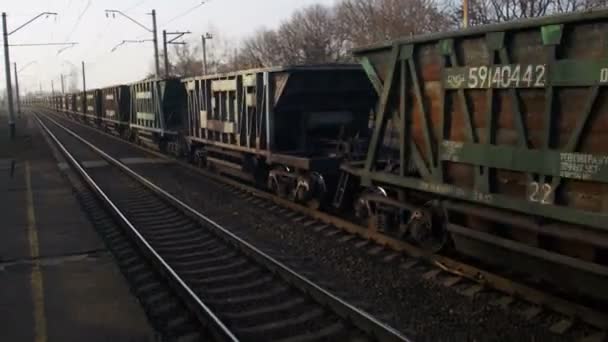Вантажний поїзд, що подорожує залізницею — стокове відео