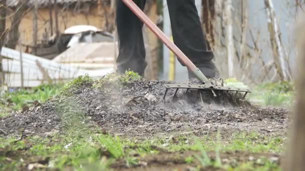 La donna sta pulendo le erbacce nel giardino con lo strumento Rake. Rallentatore — Video Stock