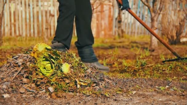 Kvinnan är rengöring ogräset i trädgården med Rake verktyg. Slow Motion — Stockvideo