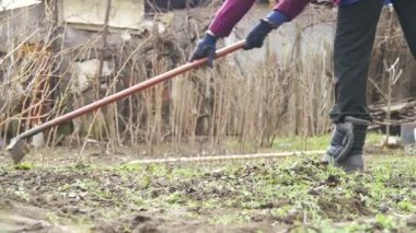 Kadın komisyon aracıyla bahçedeki otları Temizleme. Ağır çekim