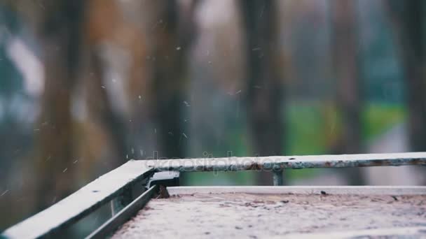 Капли дождя на подоконнике в медленном движении — стоковое видео