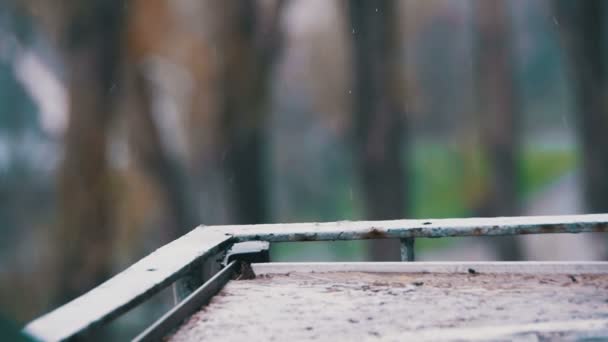 Regentropfen in Zeitlupe auf der Fensterbank — Stockvideo