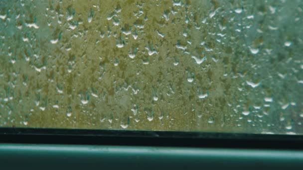 Regendruppels op het venster en de regen achter de kunststof venster — Stockvideo